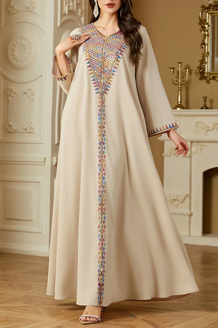 فيفيتش - فساتين قفطان ماكسي مزينة بتطريز متعدد الألوان على شكل حرف V بياقة على شكل حرف V مزينة بالترتر - الصورة 2