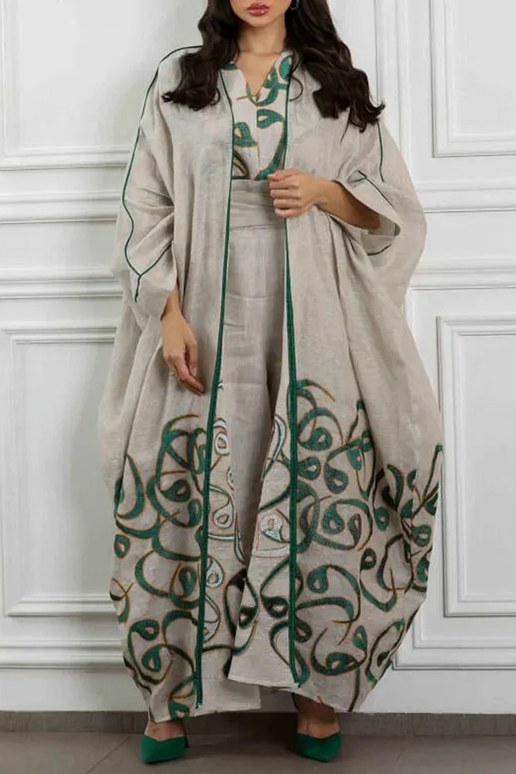 فيفيتش - طقم عباية مطبوعة بنقشة عربية، بدون أكمام، واسعة الساقين، مناسب للحفلات، قطعتين - Image 2