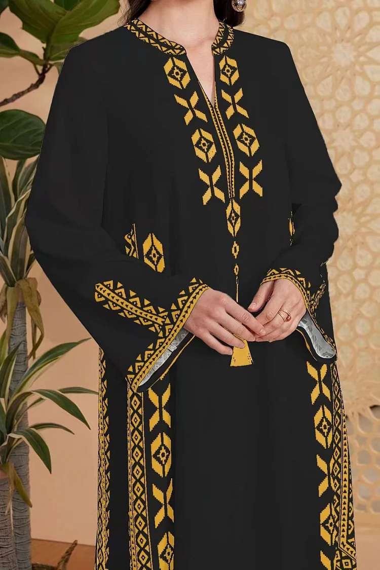 فيفيتش - فستان ماكسي فضفاض بياقة على شكل حرف V وأكمام طويلة مطبوع عليه شرابات هندسية - أبيض - الصورة 4