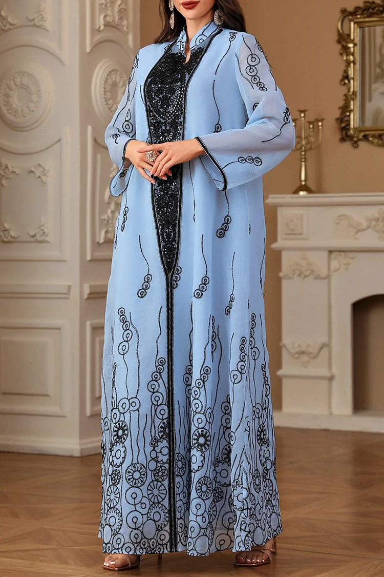 فيفيتش - فساتين ماكسي قفطان مزينة بتطريزات زهور وياقة عالية - أزرق - Image 6