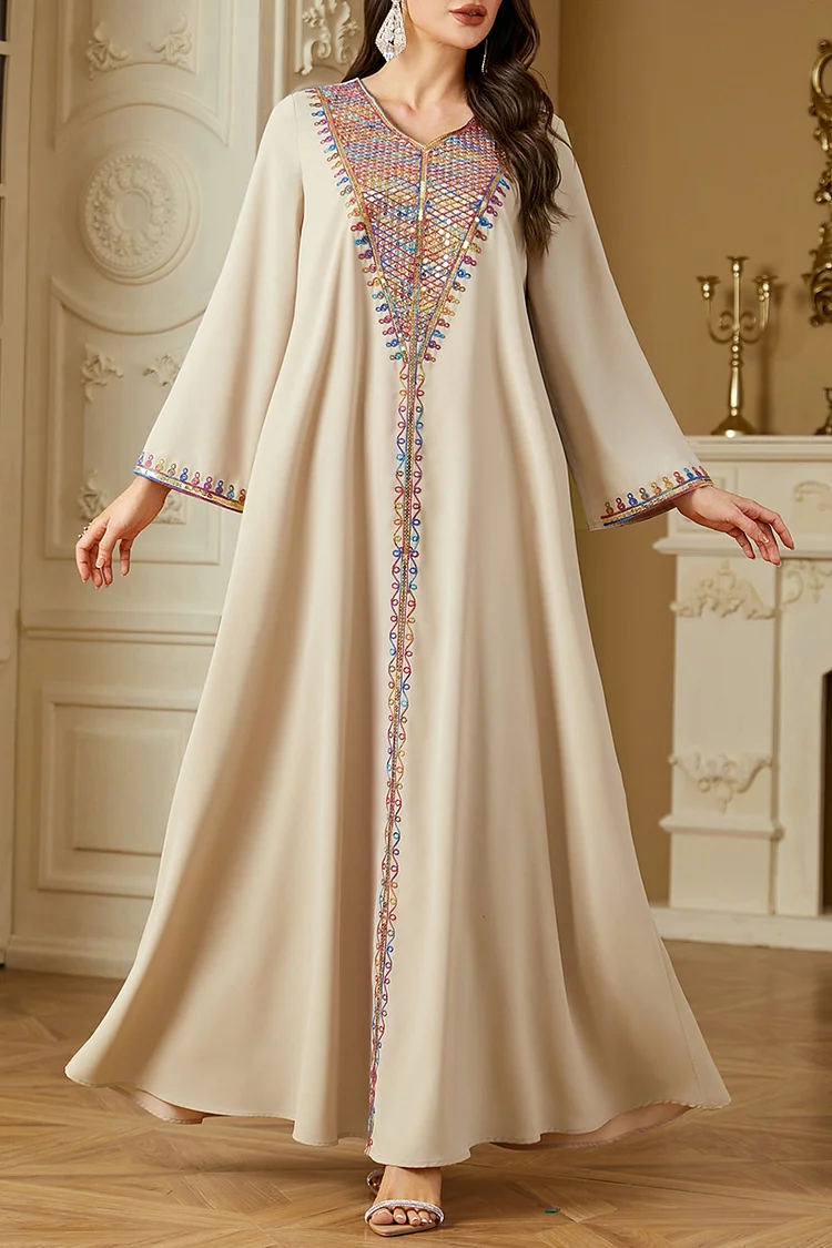 فيفيتش - فساتين قفطان ماكسي مزينة بتطريز متعدد الألوان على شكل حرف V بياقة على شكل حرف V مزينة بالترتر - الصورة 4