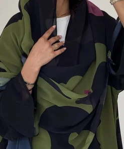 فيفيتش - طقم عباية طويلة مزينة بطبعة زهور، كارديجان طويل، حجاب، وشاح رأس من الشيفون، قطعتان - أخضر