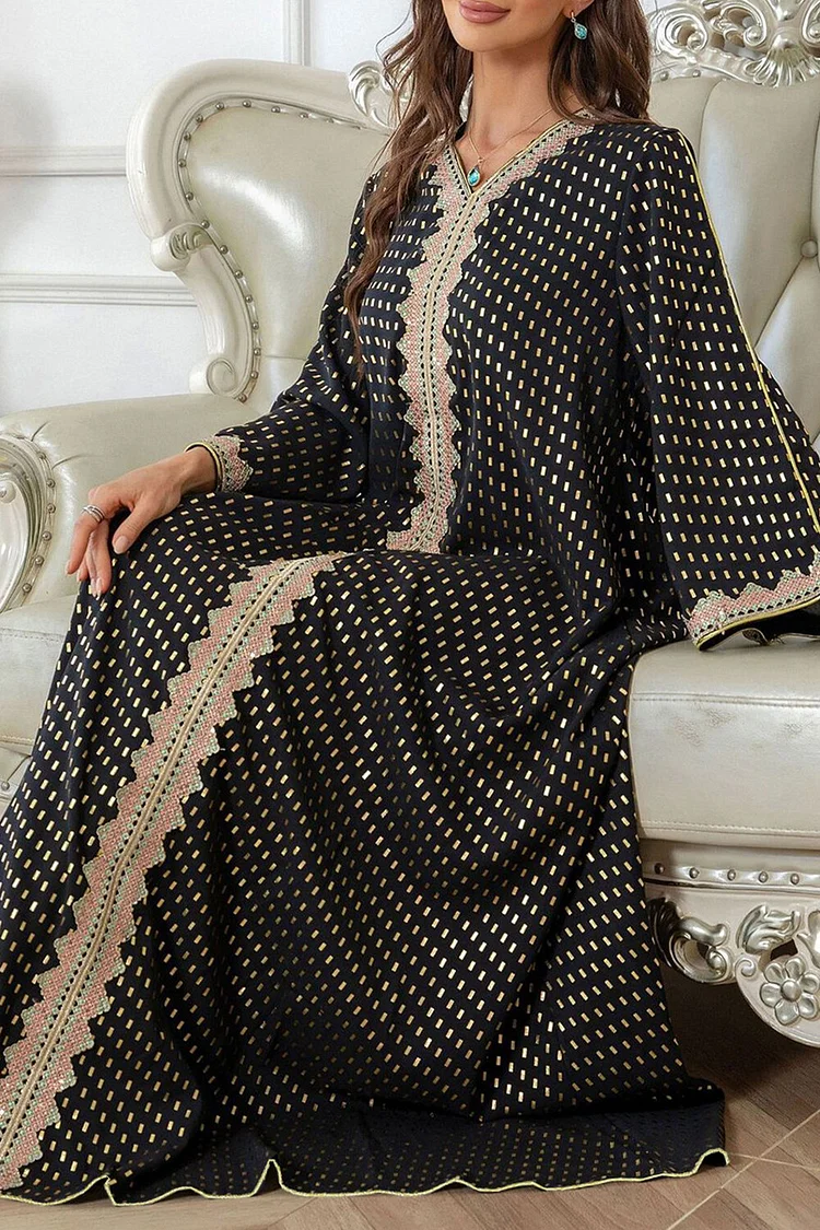 فيفيتش - فستان ماكسي أسود بياقة على شكل حرف V وأكمام طويلة بنقشة برونزية مرقعة - - الصورة 4