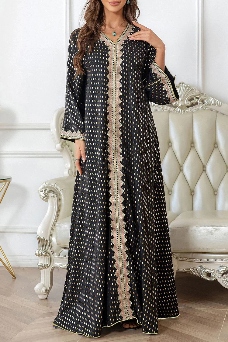 فيفيتش - فستان ماكسي أسود بياقة على شكل حرف V وأكمام طويلة بنقشة برونزية مرقعة - - الصورة 2