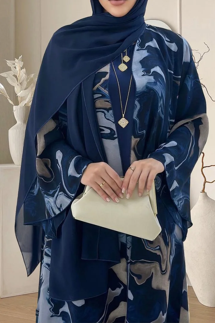 فيفيتش - طقم مكون من ثلاث قطع متناسقة: كارديجان طويل بطبعة تجريدية، فستان ماكسي برقبة دائرية وياقة دائرية - الصورة 3