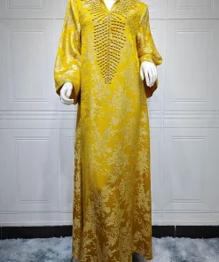 فيفيتش - فساتين ماكسي قفطان مطرزة بالخرز، بياقة واقفة وأكمام طويلة