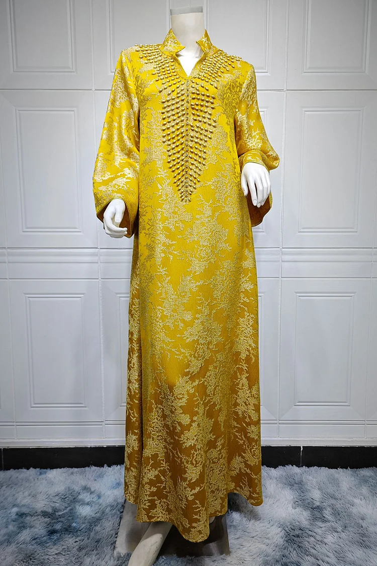 فيفيتش - فساتين ماكسي قفطان مطرزة بالخرز، بياقة واقفة وأكمام طويلة