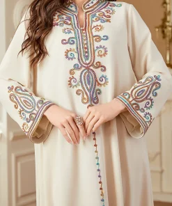 فيفيتش - فساتين ماكسي قفطان مطرزة متعددة الألوان بأكمام طويلة وياقة عالية