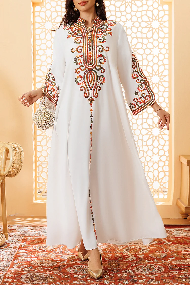 فيفيتش - فساتين ماكسي للحفلات بتصميم الكفتان، مزينة بتطريز متعدد الألوان وياقة عالية وأساور مشقوقة - الصورة 3