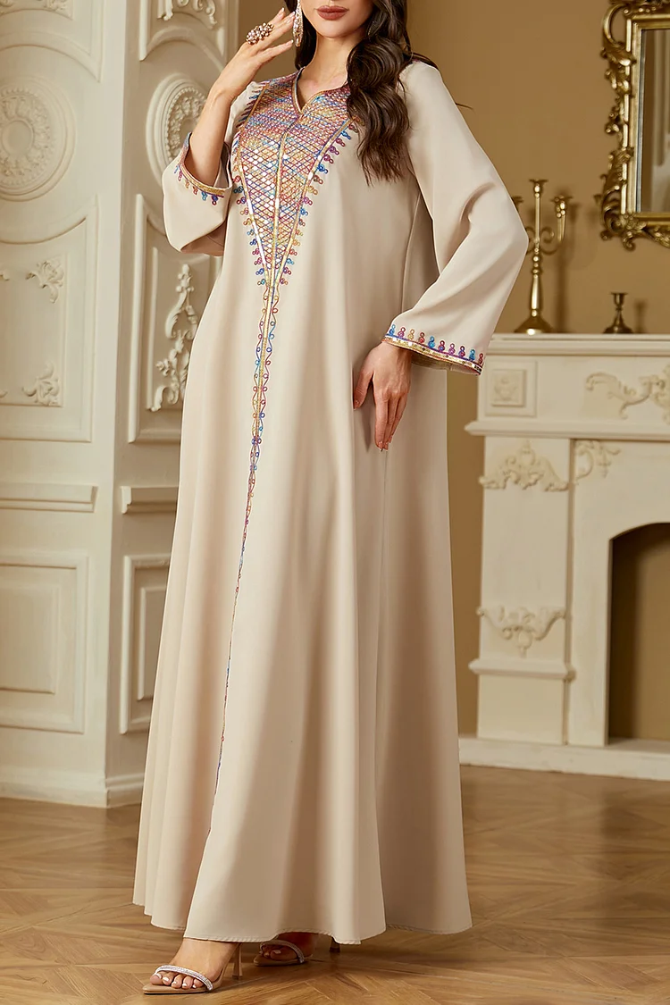 فيفيتش - فساتين قفطان ماكسي مزينة بتطريز متعدد الألوان على شكل حرف V بياقة على شكل حرف V مزينة بالترتر - الصورة 6