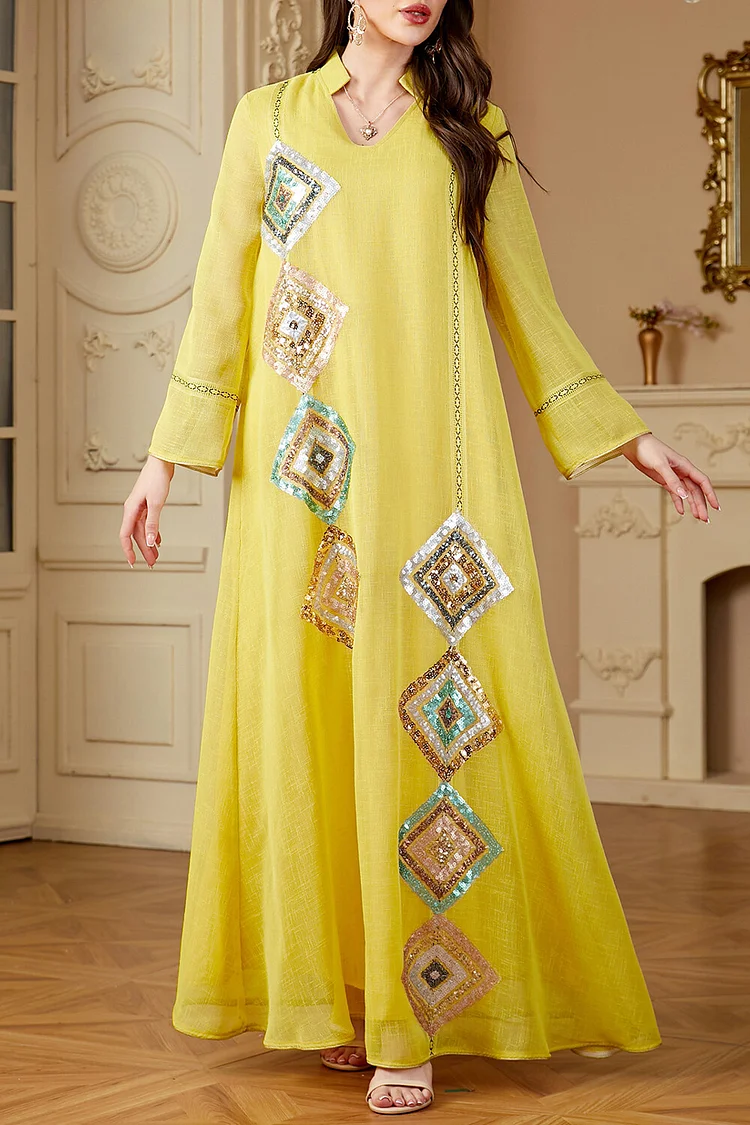 فيفيتش - فساتين قفطان ماكسي مزينة بترتر هندسي بألوان متداخلة وياقة عالية - الصورة 5