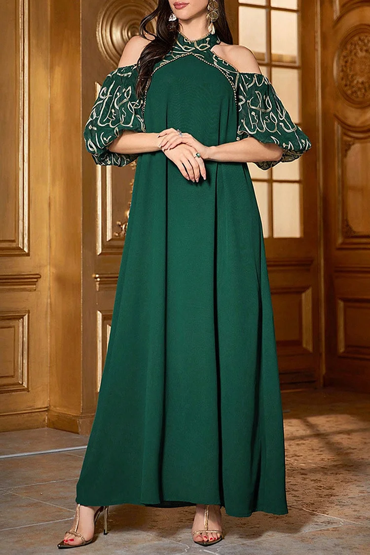 فيفيتش - فساتين ماكسي قفطان مطرزة بتطريز عربي، بياقة عالية وأكتاف مكشوفة وأكمام منفوخة - الصورة 3