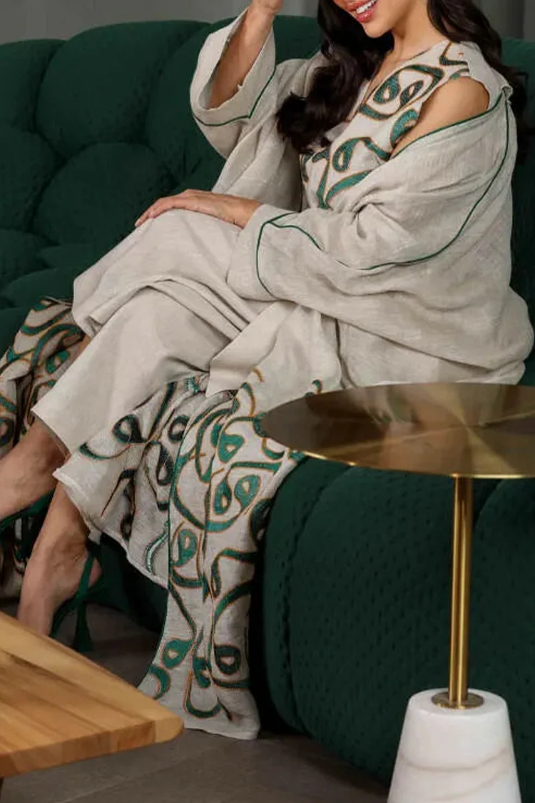 فيفيتش - طقم عباية مطبوعة بنقشة عربية، بدون أكمام، واسعة الساقين، مناسب للحفلات، قطعتين - Image 5