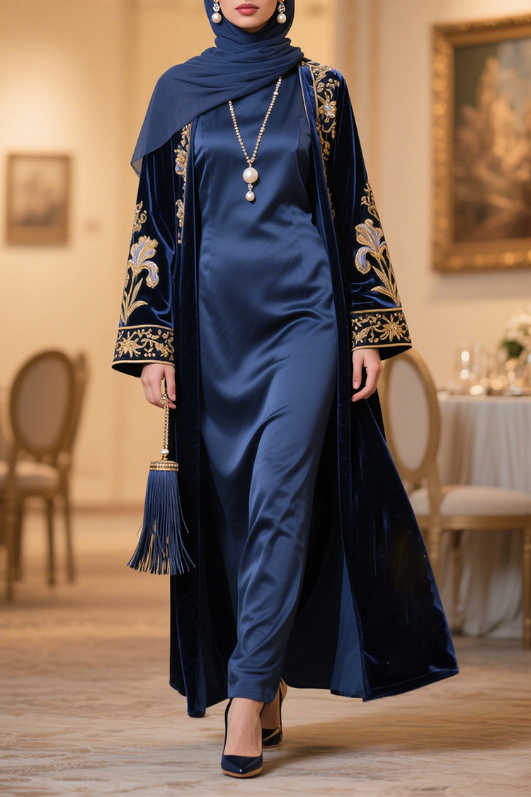 فيفيتش - طقم عباية مخملية مطرزة بأكمام طويلة، فستان ماكسي للحفلات، قطعتان - الصورة 2