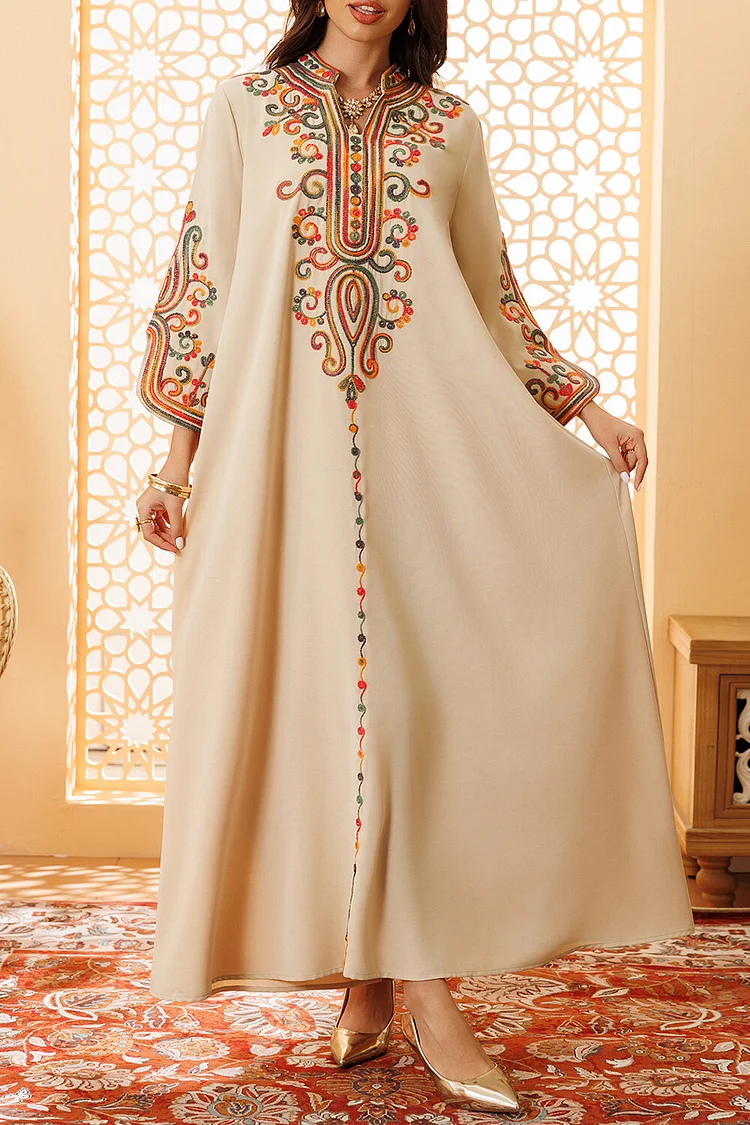 فيفيتش - فساتين ماكسي للحفلات بتصميم الكفتان، مزينة بتطريز متعدد الألوان وياقة عالية وأساور مشقوقة - الصورة 2