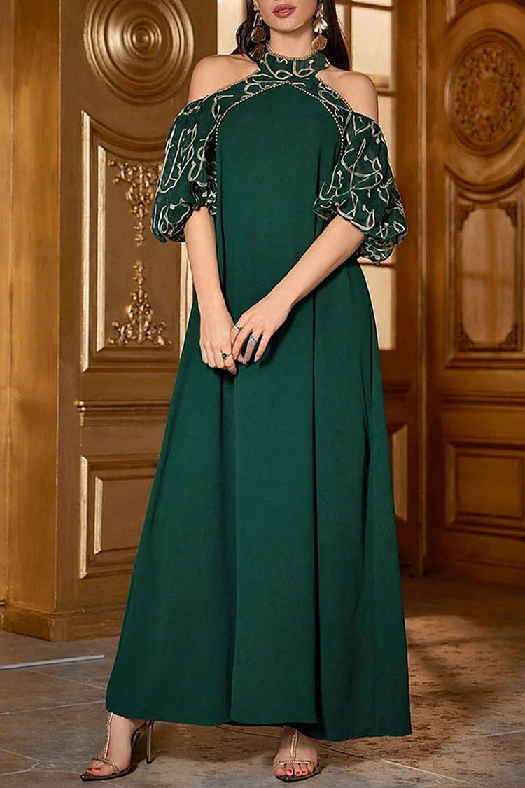 فيفيتش - فساتين ماكسي قفطان مطرزة بتطريز عربي، بياقة عالية وأكتاف مكشوفة وأكمام منفوخة - الصورة 4