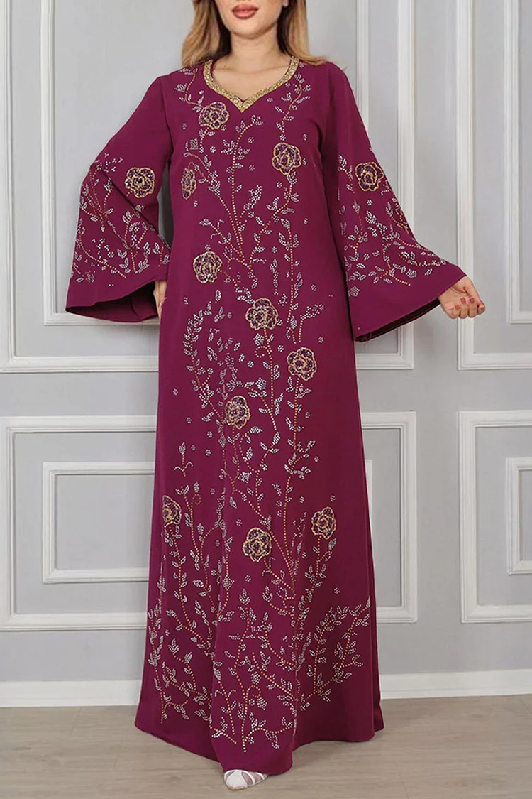 فيفيتش - فساتين قفطان ماكسي مزينة بنقوش زهرية وألوان متداخلة وتطريز ساخن وفتحة رقبة على شكل حرف V - الصورة 2