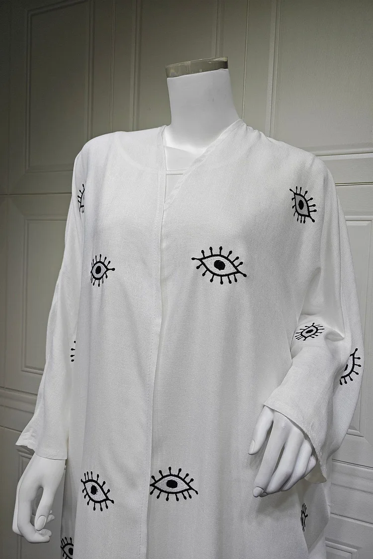 فيفيتش - كارديجان طويل أبيض مطرز بنمط عيون وأكمام واسعة - عباية