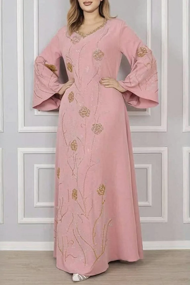 فيفيتش - فساتين قفطان ماكسي مزينة بنقوش زهرية وألوان متداخلة وتطريز ساخن وفتحة رقبة على شكل حرف V - الصورة 5