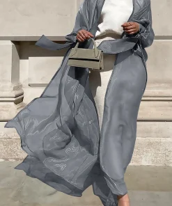 Alternative view of فيفيتش - كارديجان طويل عباية بلون موحد، مفتوح من الأمام، برباط، بأكمام واسعة.