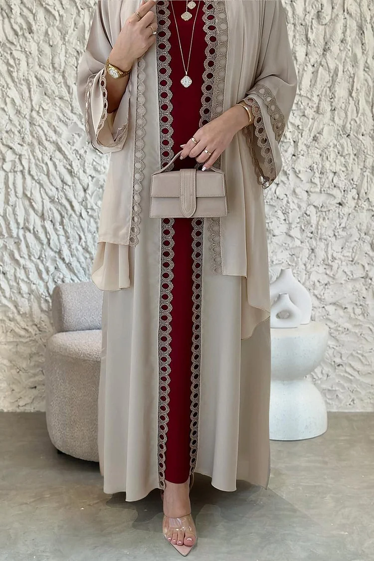 فيفيتش - طقم عباية ماكسي بدون أكمام مزينة بالدانتيل المفرغ، مكون من 3 قطع، مناسب للحفلات - Image 2