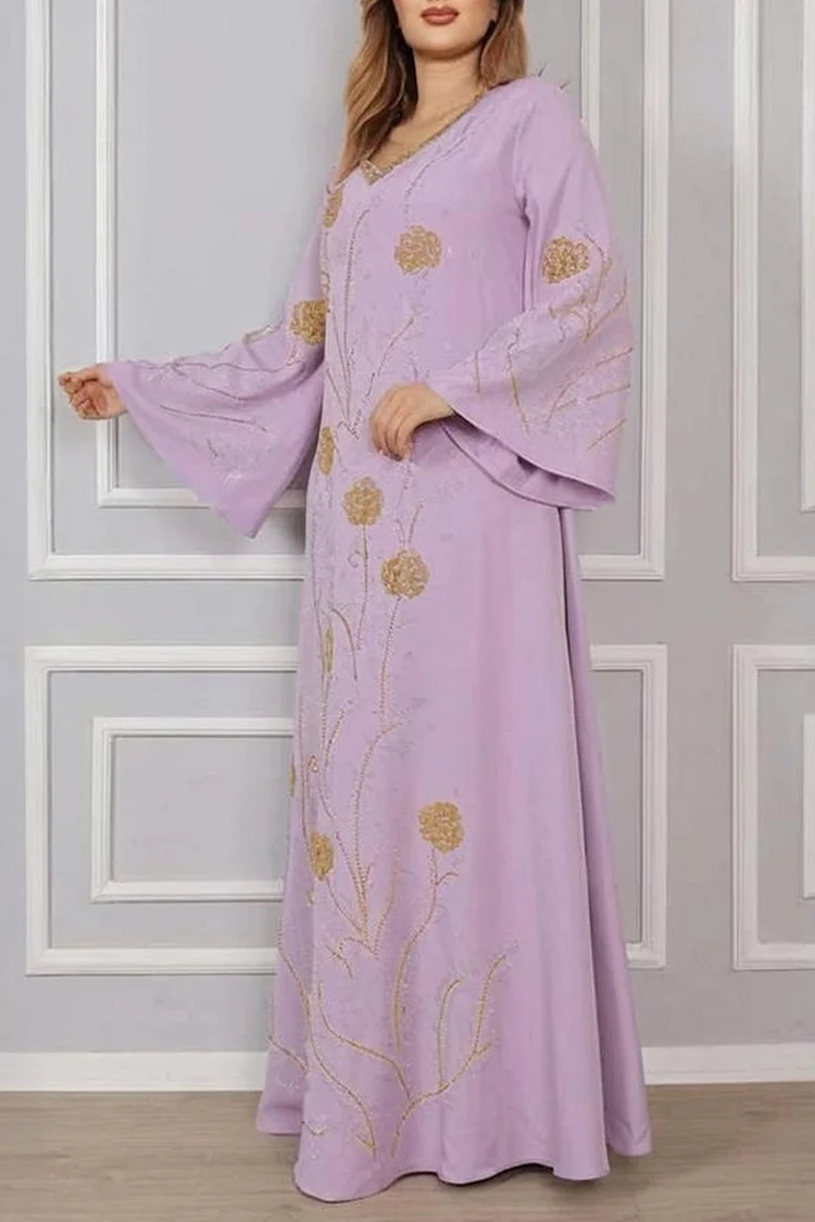 فيفيتش - فساتين قفطان ماكسي مزينة بنقوش زهرية وألوان متداخلة وتطريز ساخن وفتحة رقبة على شكل حرف V - الصورة 4