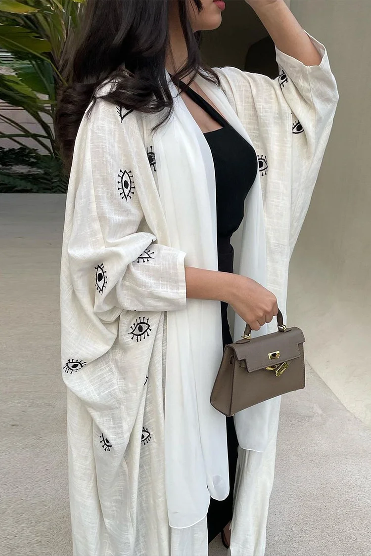 فيفيتش - كارديجان طويل أبيض مطرز بنمط عيون وأكمام واسعة - عباية - الصورة 2