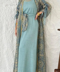 Alternative view of فيفيتش - طقم فستان ماكسي بدون أكمام مطرز بتطريز قبلي، بأكمام برباط، قطعتين