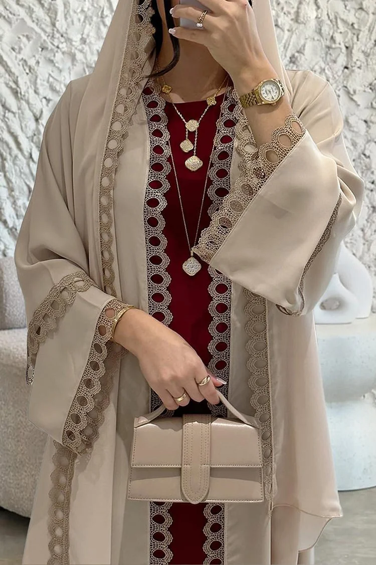 فيفيتش - طقم عباية ماكسي بدون أكمام مزينة بالدانتيل المفرغ، مكون من 3 قطع، مناسب للحفلات