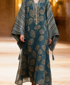 Alternative view of فيفيتش - فستان ماكسي أزرق مطرز بخيوط الترتر مع شرابات وأكمام واسعة وفتحة رقبة على شكل حرف V