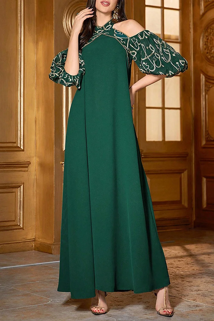فيفيتش - فساتين ماكسي قفطان مطرزة بتطريز عربي، بياقة عالية وأكتاف مكشوفة وأكمام منفوخة - الصورة 5