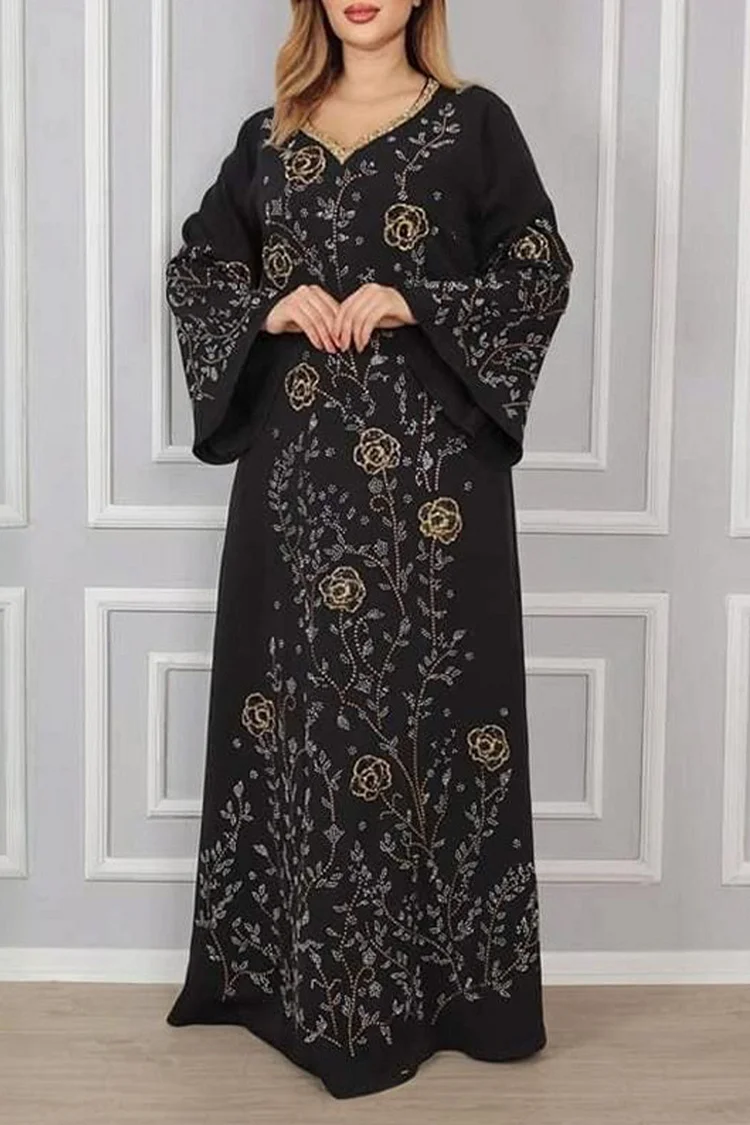 فيفيتش - فساتين قفطان ماكسي مزينة بنقوش زهرية وألوان متداخلة وتطريز ساخن وفتحة رقبة على شكل حرف V - الصورة 3