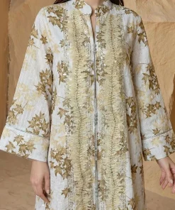 فيفيتش - فستان ماكسي أزرق طويل بأكمام طويلة وياقة واقفة مطرز بالكامل بنقشة مطبوعة - ياقة واقفة