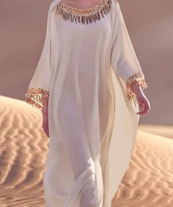 Alternative view of فيفيتش - فساتين ماكسي واسعة بياقة دائرية وأكمام واسعة مزينة بشراشيب