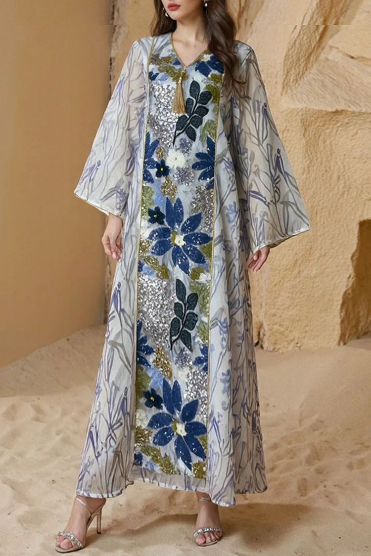 فيفيتش - فستان ماكسي أبيض مطبوع بالكامل، بياقة على شكل حرف V وأكمام طويلة مزين بالترتر - Image 5