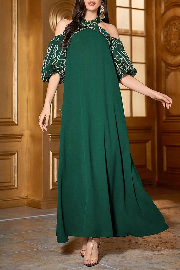 فيفيتش - فساتين ماكسي قفطان مطرزة بتطريز عربي، بياقة عالية وأكتاف مكشوفة وأكمام منفوخة - الصورة 2