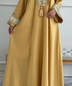 فيفيتش - فساتين قفطان ماكسي بياقة على شكل حرف V مزينة بشرابات مطرزة بالزهور