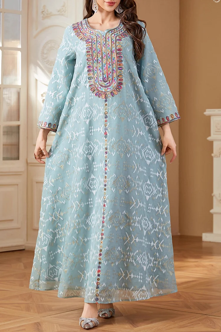 فيفيتش - فساتين ماكسي قفطان مطرزة بالترتر، بياقة على شكل حرف V وأكمام طويلة وقصة فضفاضة - Image 5