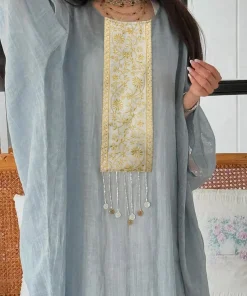 Alternative view of فيفيتش - فساتين ماكسي من الكتان المطرز بياقة دائرية وأكمام واسعة