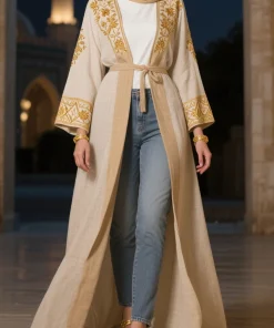 Alternative view of فيفيتش - عباية من الكتان بأكمام طويلة وتطريز نباتي، كارديجان طويل [طلب مسبق]