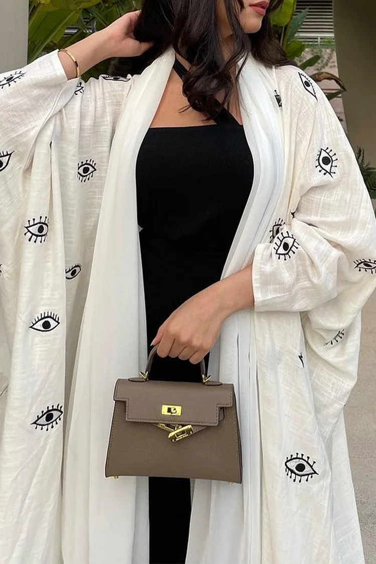 فيفيتش - كارديجان طويل أبيض مطرز بنمط عيون وأكمام واسعة - عباية - الصورة 4