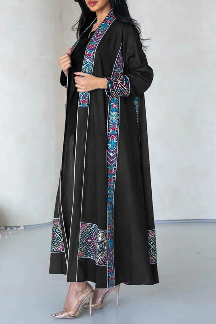 فيفيتش - طقم عباية مطبوعة بنقوش قبلية، بياقة عالية ورباط، قطعتين - أسود - الصورة 4