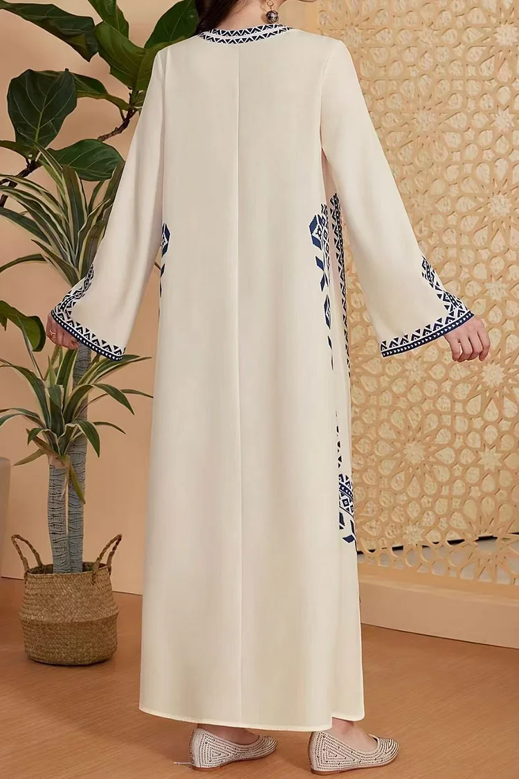 فيفيتش - فستان ماكسي فضفاض بياقة على شكل حرف V وأكمام طويلة مطبوع عليه شرابات هندسية - أبيض