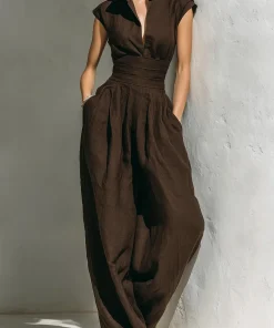 فيفيتش - طقم عباية بلون موحد، بدون أكمام، واسعة الساقين، من الكتان، قطعتين [طلب مسبق]