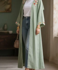 فيفيتش - عباية طويلة مفتوحة من الأمام مزينة بتطريز زهور وحواف مموجة - أزرق