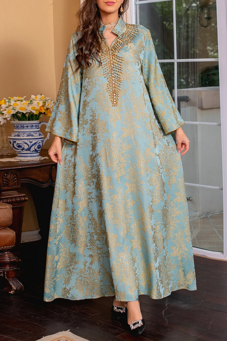 فيفيتش - فساتين ماكسي قفطان مطرزة بالخرز، بياقة واقفة وأكمام طويلة - Image 3