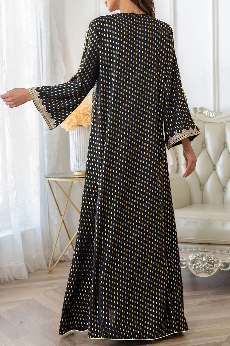 فيفيتش - فستان ماكسي أسود بياقة على شكل حرف V وأكمام طويلة بنقشة برونزية مرقعة - - الصورة 5