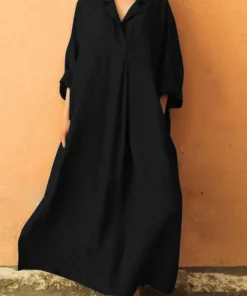 فيفيتش - فستان ماكسي من الكتان بلون موحد، بياقة مطوية وأكمام طويلة وقصة فضفاضة