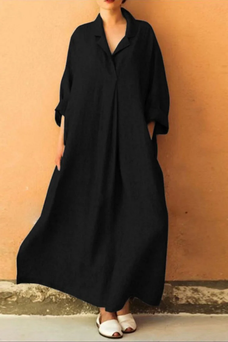 فيفيتش - فستان ماكسي من الكتان بلون موحد، بياقة مطوية وأكمام طويلة وقصة فضفاضة