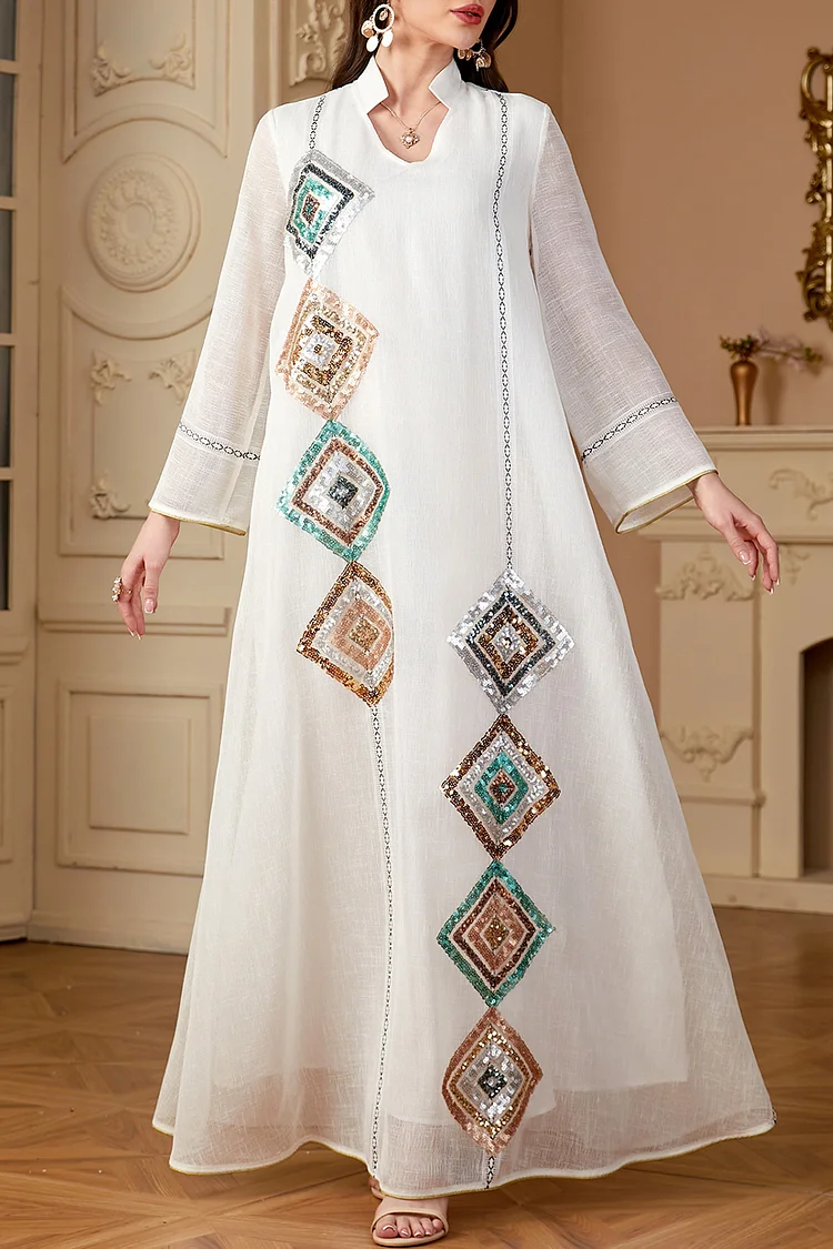 فيفيتش - فساتين قفطان ماكسي مزينة بترتر هندسي بألوان متداخلة وياقة عالية - الصورة 3